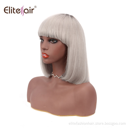 Straight Human Hair Wigs Machine Made None Lace Front Bob Wigs Short Straight T1B silver Bob Wigs with Bangs for Black Women